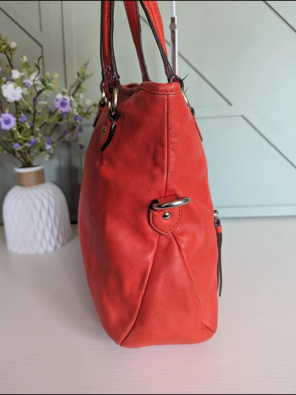 Coach Red Leather Tote Bag with Front Zip Pocket
